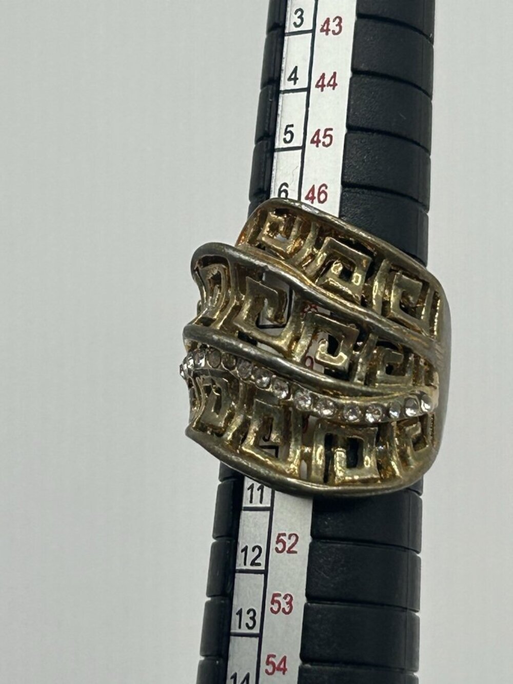 Vintage Greek Key Rhinestone Wide Band Costume Ring Gold Tone Size 5 Chunky Fun - Picture 12 of 12